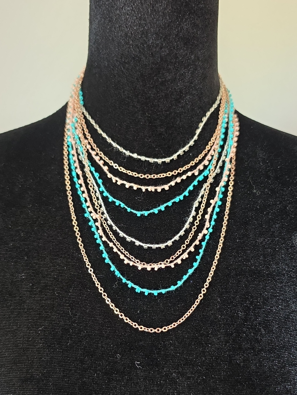 Decree Layered Multi-Chain Necklace in Turquoise, Rose Gold & Silver